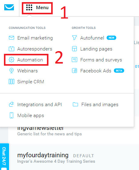 GetResponse menu email automation