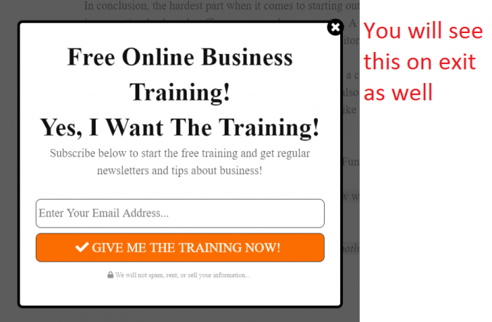 My email list building popup on exit